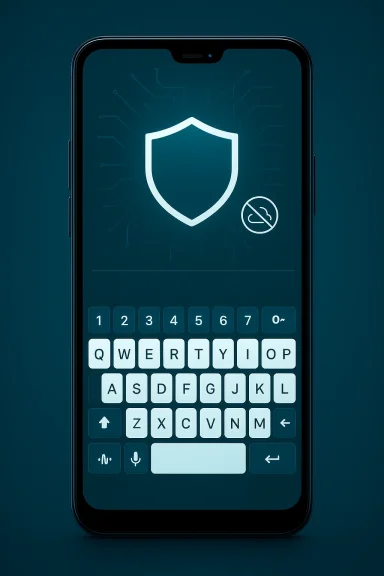 Smartphone screen with a glowing shield security icon and a QWERTY keyboard.
