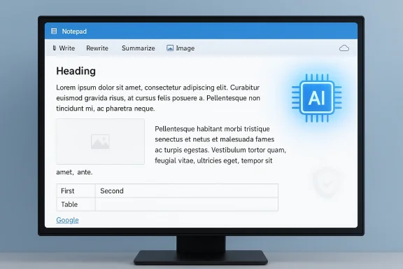A computer screen displays a Notepad-like UI with an AI chip graphic and sample text.