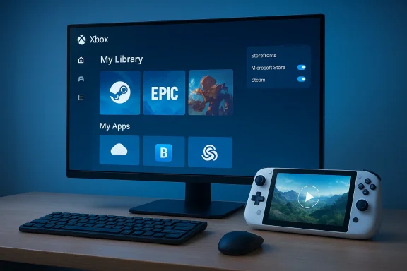 A gaming desk setup with an Xbox-style monitor UI, keyboard, mouse, and a handheld console.