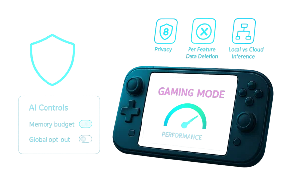 A handheld gaming console displays “GAMING MODE” with a neon performance gauge and glowing UI icons.