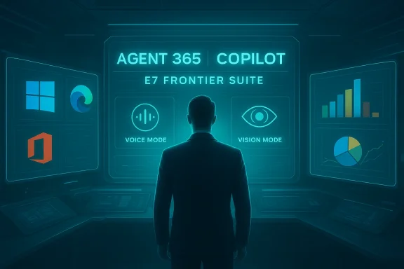 A suited figure stands before neon screens displaying Agent 365 Copilot in a futuristic command center.