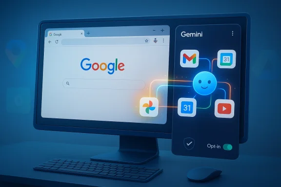 A monitor displays Google search alongside a Gemini AI panel with neon-connected app icons.