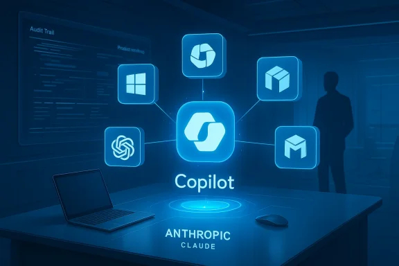 A blue holographic Copilot interface floats above a desk, linking app icons in a modern office.