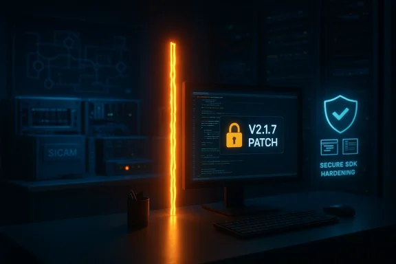 Dark server room workstation displaying V2.1.7 patch with a padlock, orange glow, and secure SDK hardening.