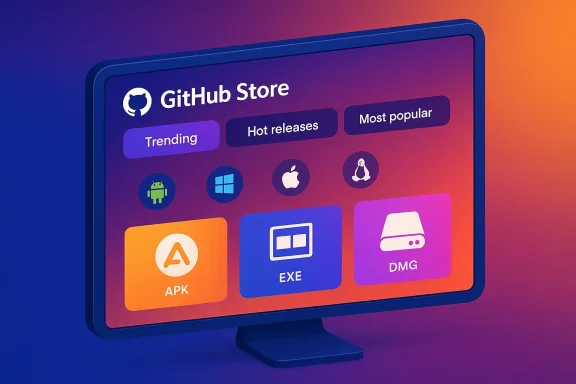Stylized GitHub Store interface on a monitor displaying APK, EXE, and DMG tiles.