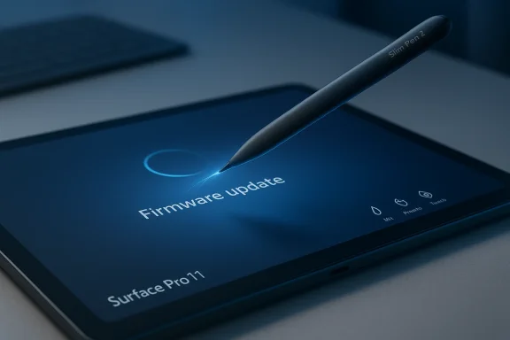 A Surface Pro tablet shows a firmware update while the Slim Pen 2 touches the screen.