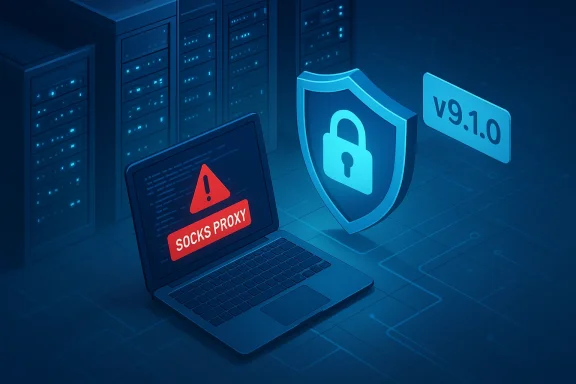 A laptop in a data center shows a SOCKS PROXY warning beside a security shield.
