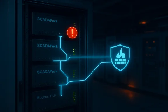 SCADAPack server rack with a red alert light and a glowing blue firewall shield.