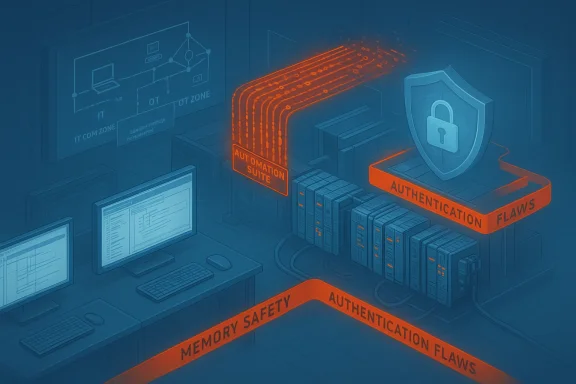 Cybersecurity lab scene with orange ribbons highlighting authentication flaws around server racks.