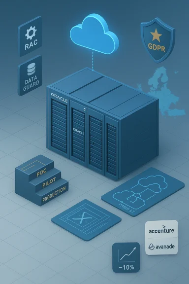 Isometric Oracle data server connected to cloud, featuring GDPR shield and deployment stages.