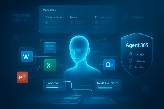 Blue holographic UI featuring a central human silhouette with Office icons and an Agent 365 shield.