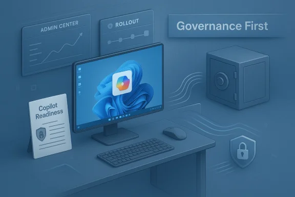 A computer workstation showing governance-first signage, a security vault, and a Copilot readiness document.