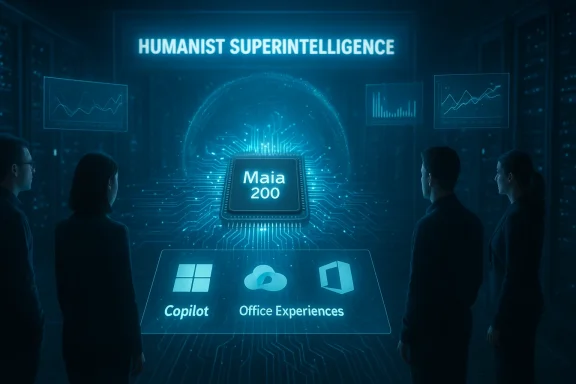A team observes a holographic Maia 200 AI chip labeled 'Humanist Superintelligence' in a blue data center.