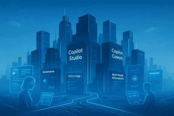 Futuristic cityscape with holographic screens and people collaborating with AI tools.