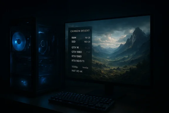 Blue-lit gaming PC sits beside a monitor displaying system specs over a mountainous landscape.
