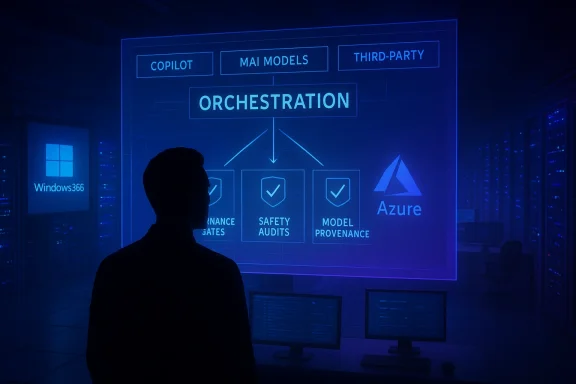 Silhouette of a person viewing a blue holographic orchestration diagram in a data center.