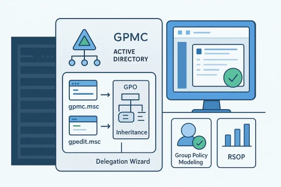 Diagram illustrating GPMC Active Directory with Delegation Wizard, Group Policy Modeling, and RSoP.