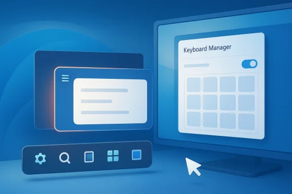 Abstract blue display showing a “Keyboard Manager” interface on multiple connected screens.