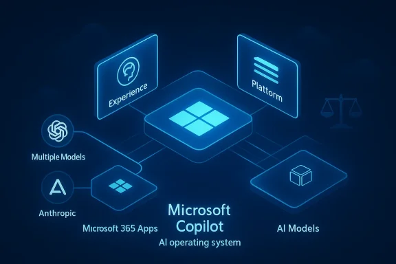 Neon-blue AI platform network diagram linking Experience, Platform, Copilot, and models.