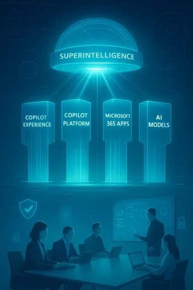 Futuristic blue AI “SUPERINTELLIGENCE” hub connecting Copilot, Microsoft 365 apps, and AI models to teams.