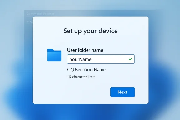 Windows setup screen prompts to set a user folder name “YourName” with a “Next” button.