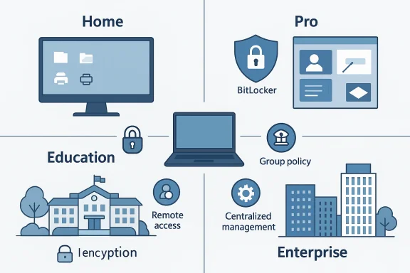 Illustration comparing BitLocker home vs pro with education and enterprise features like encryption and centralized management.