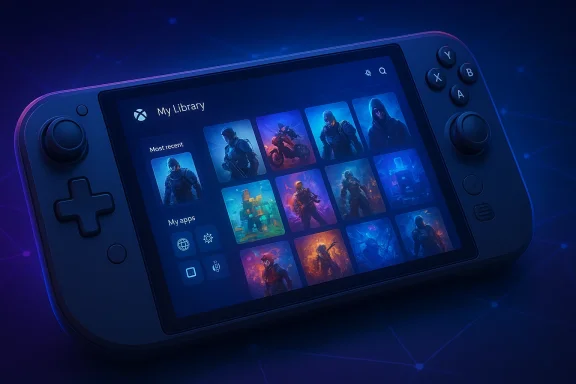 Gaming handheld displaying a “My Library” of action game cover thumbnails on a blue neon backdrop.