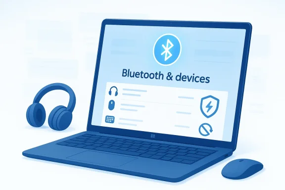 Laptop screen shows “Bluetooth & devices” with Bluetooth icon, alongside headphones and a mouse.