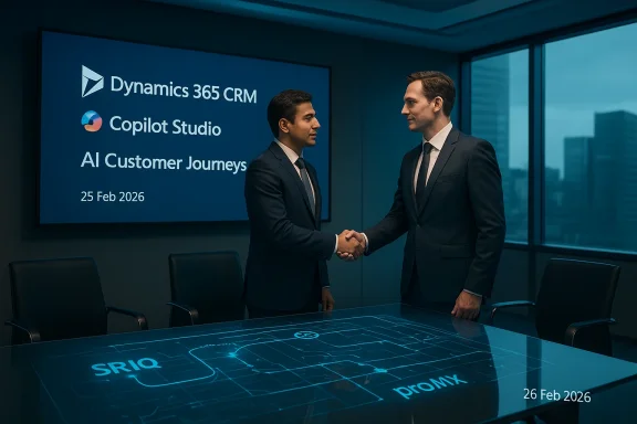 Two executives shake hands in a modern conference room with a “Dynamics 365 CRM” event screen backdrop.