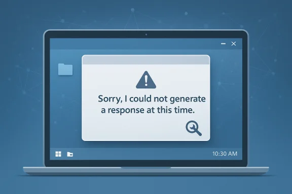 Laptop screen shows a message: “Sorry, I could not generate a response at this time.” with an alert icon.
