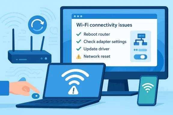 Illustration of Wi‑Fi connectivity troubleshooting on a computer, showing router reboot and network reset options.