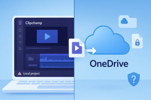Cloud storage sync illustration showing Clipchamp local project and OneDrive with play/upload icons.