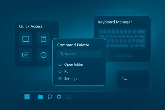 Futuristic UI shows Command Palette with options like Search, Open folder, Run, and Settings. Futuristic UI shows Command Palette with options like Search, Open folder, Run, and Settings.