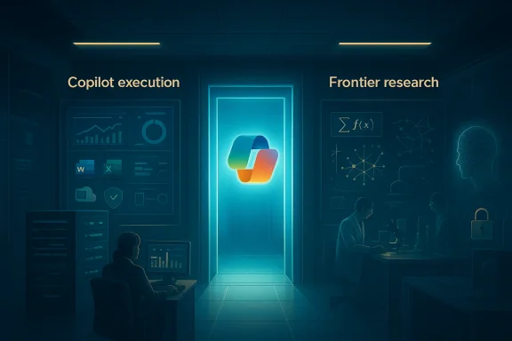 Futuristic server room with AI visuals labeled “Copilot execution” and “Frontier research.”
