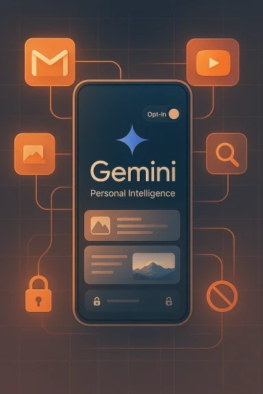 Smartphone UI showing “Gemini” with “Personal Intelligence” amid email, play, search, and security icons.