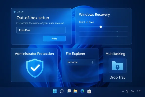Windows 11 setup screen showing user setup, Windows Recovery, and features like Admin Protection, File Explorer, Multitasking.