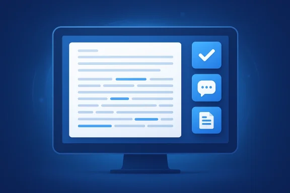 Blue computer screen interface with document, checkmark, and chat/file icons.