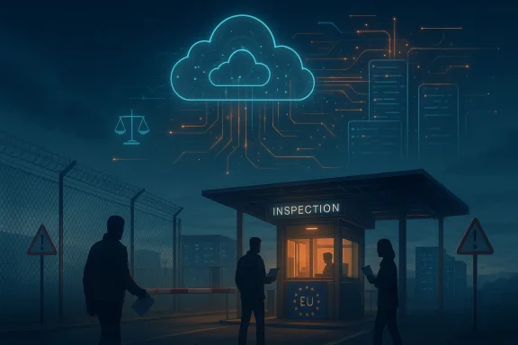 Workers at an inspection gate under a cloud-shaped network icon with circuit lines and data signals.