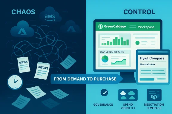 Illustration showing “Chaos” versus “Control” as a sales funnel transitions from demand to purchase with analytics screens.