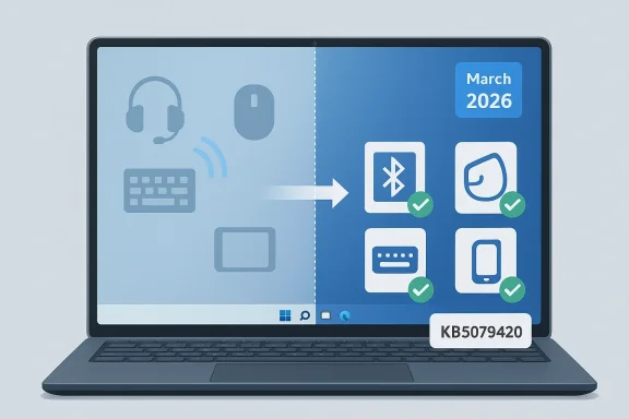 Illustration of a laptop screen showing a March 2026 calendar and Bluetooth connectivity options.