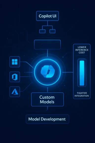 Diagram showing Copilot UI connected to Custom Models and model development with low inference cost.