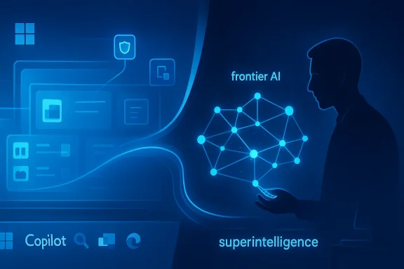 Blue AI-themed interface shows a human silhouette with neural network and text “frontier AI” and “superintelligence.”