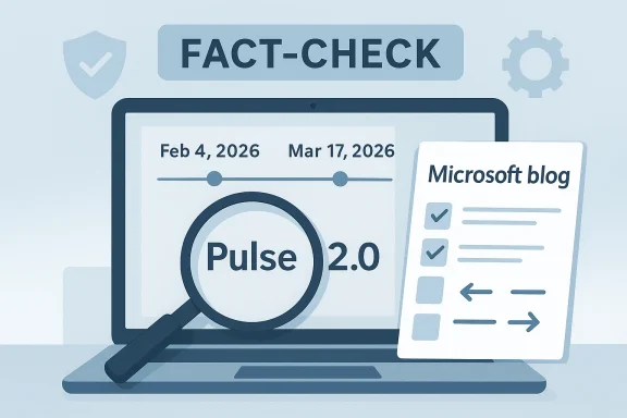 Illustration of a laptop with “Fact-Check” banner, magnifying glass over “Pulse 2.0” and a Microsoft blog card.