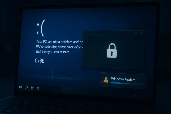 Laptop screen shows Windows Update error message with a lock icon and “Your PC ran into a problem” text.