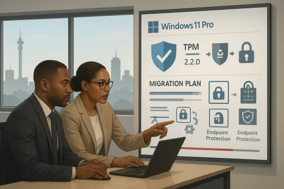 Two business professionals review a Windows 11 Pro migration plan with security and TP M 2.2 icons on a display.