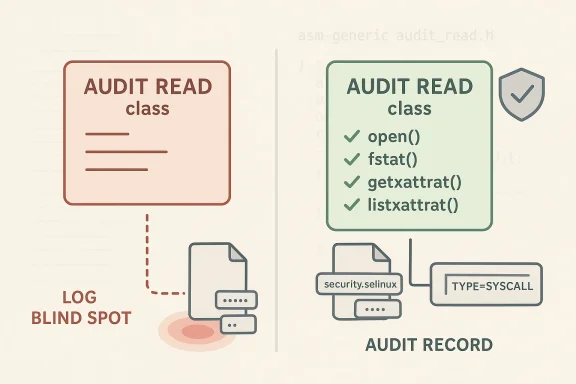 Diagram showing audit read/class checks, SELinux security labeling, and blind spot log auditing.