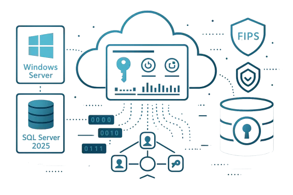Blue cloud network security illustration with Windows Server, SQL Server, and FIPS icons.