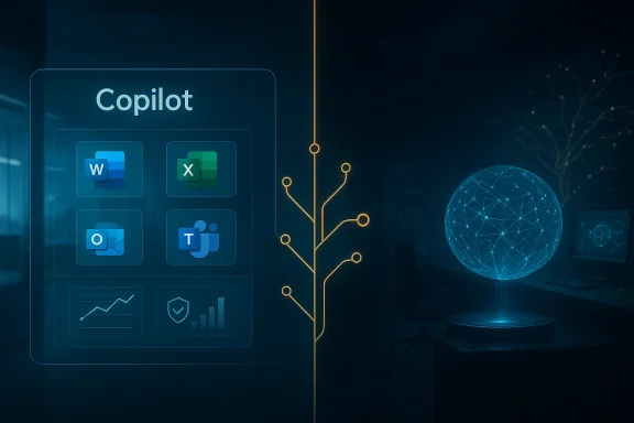 Futuristic office screen shows “Copilot” alongside a glowing neural network sphere and nodes.