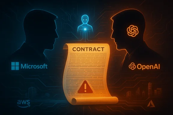 AI heads on a contract document with warning icon, featuring Microsoft, OpenAI, and AWS logos.