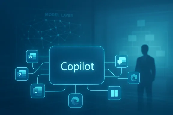 Cyber network graphic labeled “Copilot,” connecting document, email, file, and app icons to a central hub.
